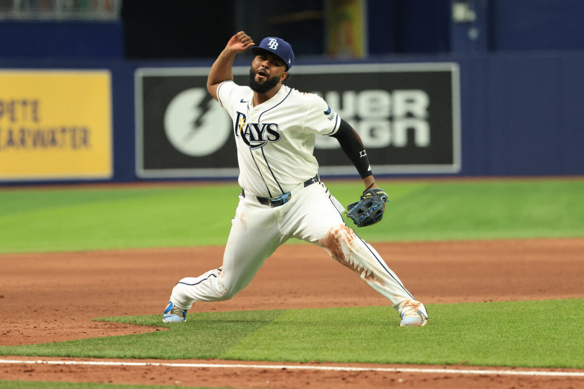 Aug 30, 2026; St. Petersburg, Florida, USA;  Tampa Bay Rays third baseman Junior Caminero (13) reacts after he gets an out at third base on a steal against the San Diego Padres  at Tropicana Field.  Mandatory Credit: Kim Klement Neitzel-Imagn Images