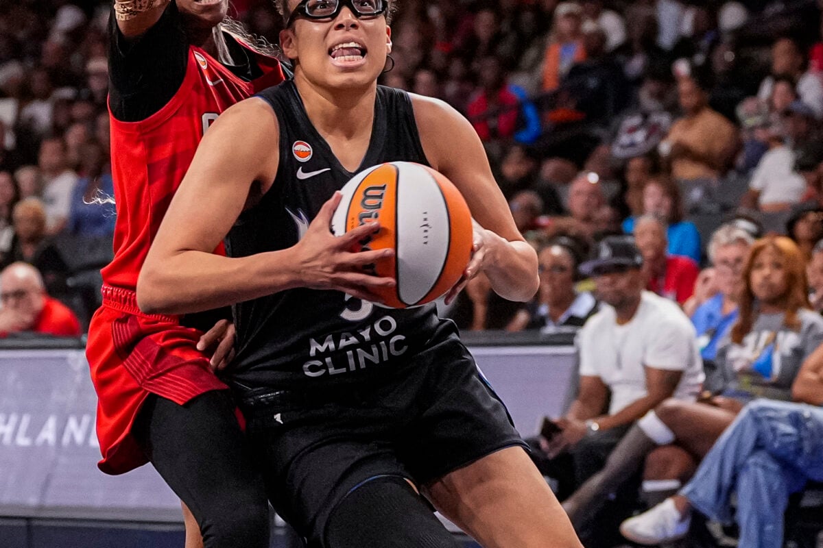 Aug 30, 2026; College Park, Georgia, USA; Minnesota Lynx guard Olivia Miles (5) tries to get past Atlanta Dream guard Jordin Canada (3) during the second half at Gateway Center Arena at College Park. Mandatory Credit: Dale Zanine-Imagn Images