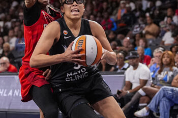 Aug 30, 2026; College Park, Georgia, USA; Minnesota Lynx guard Olivia Miles (5) tries to get past Atlanta Dream guard Jordin Canada (3) during the second half at Gateway Center Arena at College Park. Mandatory Credit: Dale Zanine-Imagn Images