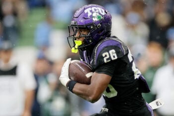 Aug 29, 2026; Dublin, Co. Dublin, IRL; TCU Horned Frogs running back Jeremy Payne (26) runs the ball against the North Carolina Tar Heels in the first half at Aviva Stadium. Mandatory Credit: Laszlo Geczo-Imagn Images