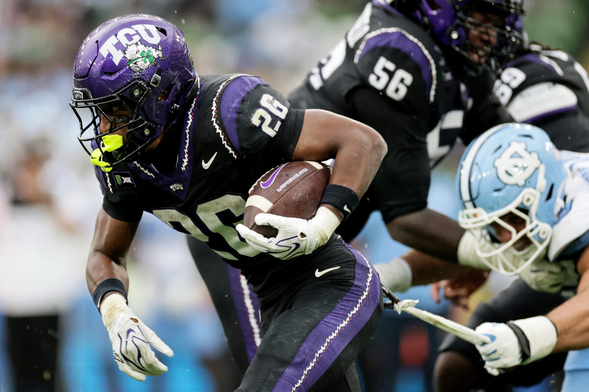 Aug 29, 2026; Dublin, Co. Dublin, IRL; TCU Horned Frogs running back Jeremy Payne (26) carries the ball against the North Carolina Tar Heels in the first half at Aviva Stadium. Mandatory Credit: Laszlo Geczo-Imagn Images