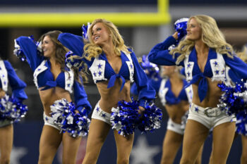 Aug 28, 2026; Arlington, Texas, USA; The Dallas Cowboys cheerleader Kylie Dickson (center) performs with her teammates during the game between the Cowboys and the Saints at AT&T Stadium. Mandatory Credit: Jerome Miron-Imagn Images
