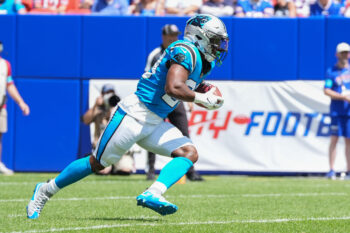 Aug 15, 2026; Orchard Park, New York, USA; Carolina Panthers running back Trevor Etienne (23) runs back a kickoff against the Buffalo Bills during the first half at New Highmark Stadium. Mandatory Credit: Gregory Fisher-Imagn Images