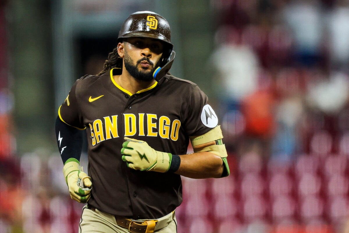 Sep 1, 2026; Cincinnati, Ohio, USA; San Diego Padres second baseman Fernando Tatis Jr. (23) runs the bases after hitting a solo home run in the ninth inning against the Cincinnati Reds at Great American Ball Park. Mandatory Credit: Katie Stratman-Imagn Images