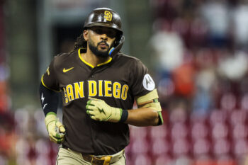 Sep 1, 2026; Cincinnati, Ohio, USA; San Diego Padres second baseman Fernando Tatis Jr. (23) runs the bases after hitting a solo home run in the ninth inning against the Cincinnati Reds at Great American Ball Park. Mandatory Credit: Katie Stratman-Imagn Images