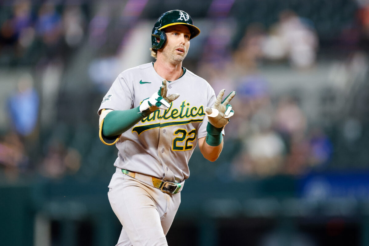 Sep 1, 2026; Arlington, Texas, USA; Athletics second baseman Jeff McNeil (22) celebrates hitting a home run during the ninth inning against the Texas Rangers at Globe Life Field. Mandatory Credit: Andrew Dieb-Imagn Images