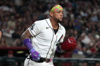 Sep 1, 2026; Phoenix, Arizona, USA;  Arizona Diamondbacks second baseman Ketel Marte (4) gets hit with a pitch against the Philadelphia Phillies in the sixth inning at Chase Field.  Mandatory Credit: Rick Scuteri-Imagn Images