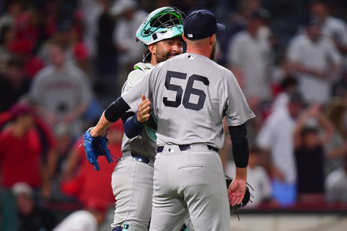 Sep 1, 2026; Anaheim, California, USA; New York Yankees catcher Ali Sanchez (39) and pitcher John Schreiber (56) celebrate the victory against the Los Angeles Angels at Angel Stadium. Mandatory Credit: Gary A. Vasquez-Imagn Images