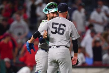 Sep 1, 2026; Anaheim, California, USA; New York Yankees catcher Ali Sanchez (39) and pitcher John Schreiber (56) celebrate the victory against the Los Angeles Angels at Angel Stadium. Mandatory Credit: Gary A. Vasquez-Imagn Images