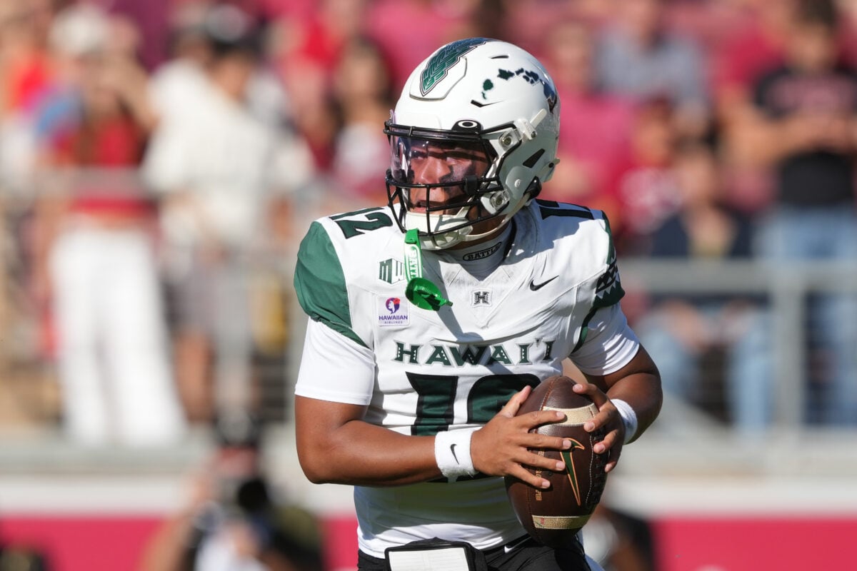 Aug 29, 2026; Stanford, California, USA; Hawaii Rainbow Warriors quarterback Micah Alejado (12) during the second quarter against the Stanford Cardinal at Stanford Stadium. Mandatory Credit: Darren Yamashita-Imagn Images