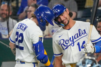Sep 2, 2026; Kansas City, Missouri, USA; Kansas City Royals catcher Carter Jensen (22) celebrates with right fielder Jac Caglianone (14) after hitting a solo home run against the Miami Marlins during the fourth inning at Kauffman Stadium. Mandatory Credit: Denny Medley-Imagn Images