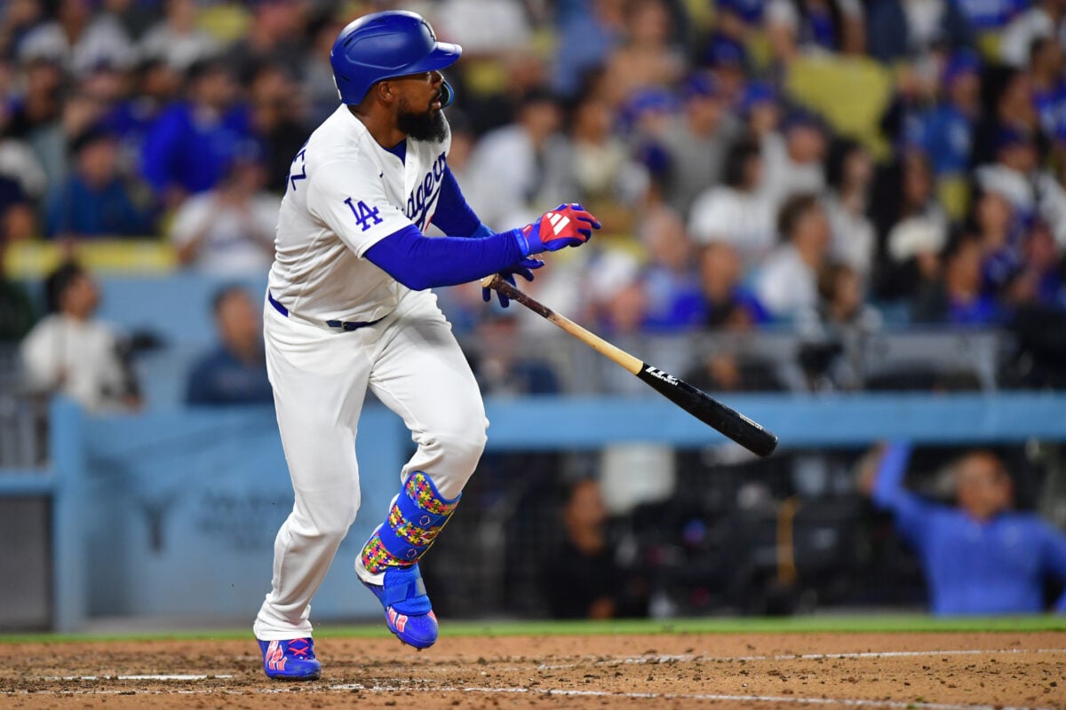 Sep 2, 2026; Los Angeles, California, USA; Los Angeles Dodgers outfielder Teoscar Hernandez (37) hits a double during the ninth inning against the St. Louis Cardinals at UNIQLO Field at Dodger Stadium. Mandatory Credit: Gary A. Vasquez-Imagn Images