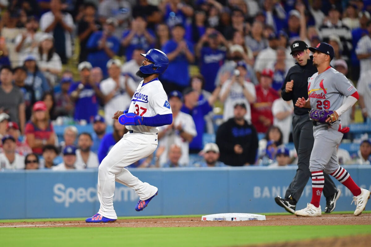 Sep 2, 2026; Los Angeles, California, USA; Los Angeles Dodgers outfielder Teoscar Hernandez (37) reaches third base on a wild pitch during the ninth inning against the St. Louis Cardinals at Dodger Stadium. Mandatory Credit: Gary A. Vasquez-Imagn Images