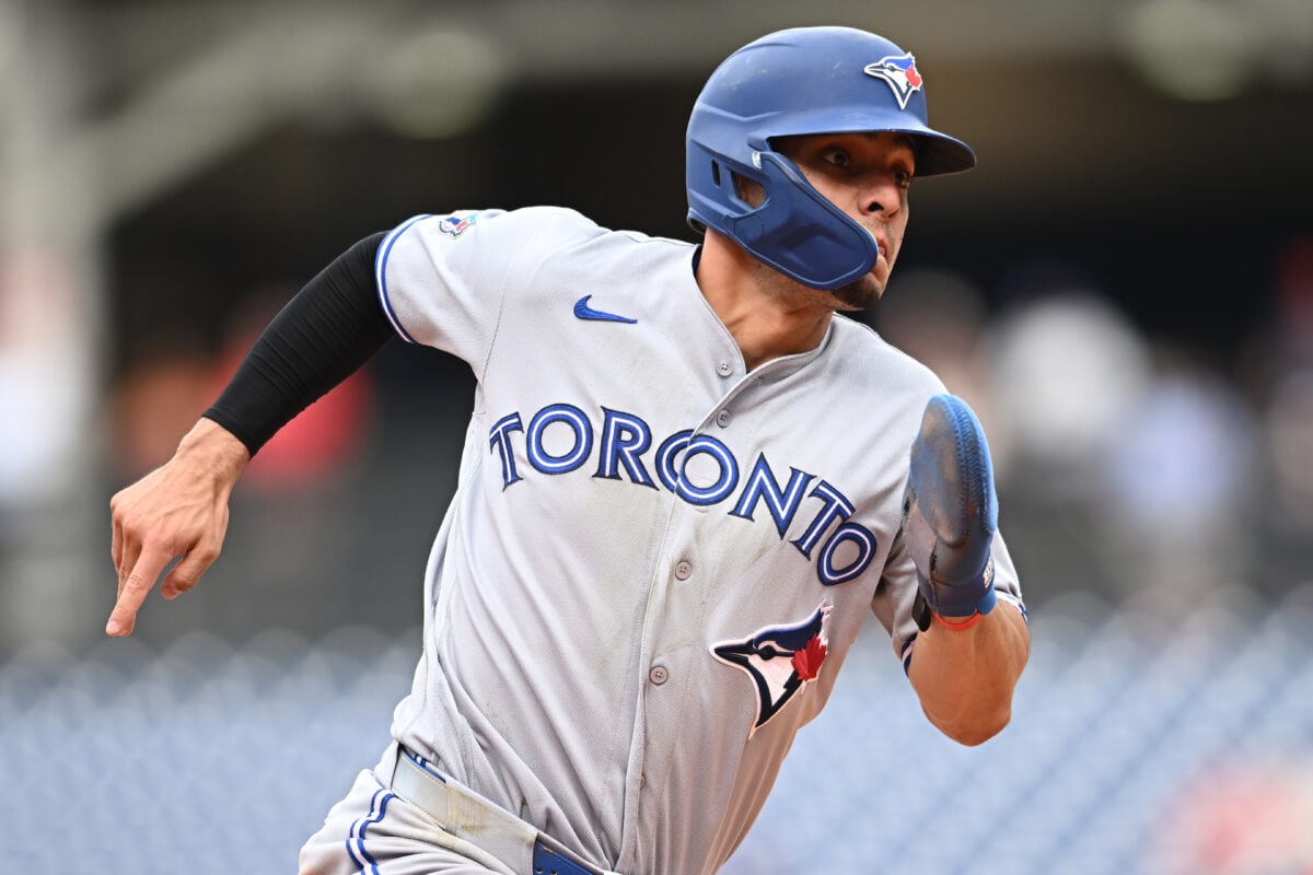 Sep 3, 2026; Cleveland, Ohio, USA; Toronto Blue Jays shortstop Andres Gimenez (0) advances to third during the ninth inning against the Cleveland Guardians at Progressive Field. Mandatory Credit: Ken Blaze-Imagn Images