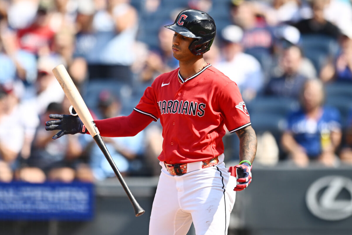 Sep 3, 2026; Cleveland, Ohio, USA; Cleveland Guardians shortstop Brayan Rocchio (4) reacts after striking out during the fifth inning against the Toronto Blue Jays at Progressive Field. Mandatory Credit: Ken Blaze-Imagn Images