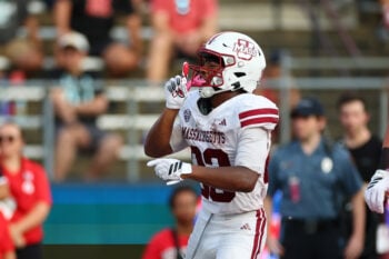 Sep 3, 2026; Piscataway, New Jersey, USA;  Massachusetts Minutemen running back Elijah Faulkner (23) celebrates after a touchdown during the first quarter against the Rutgers Scarlet Knights at SHI Stadium.  Mandatory Credit: Vincent Carchietta-Imagn Images