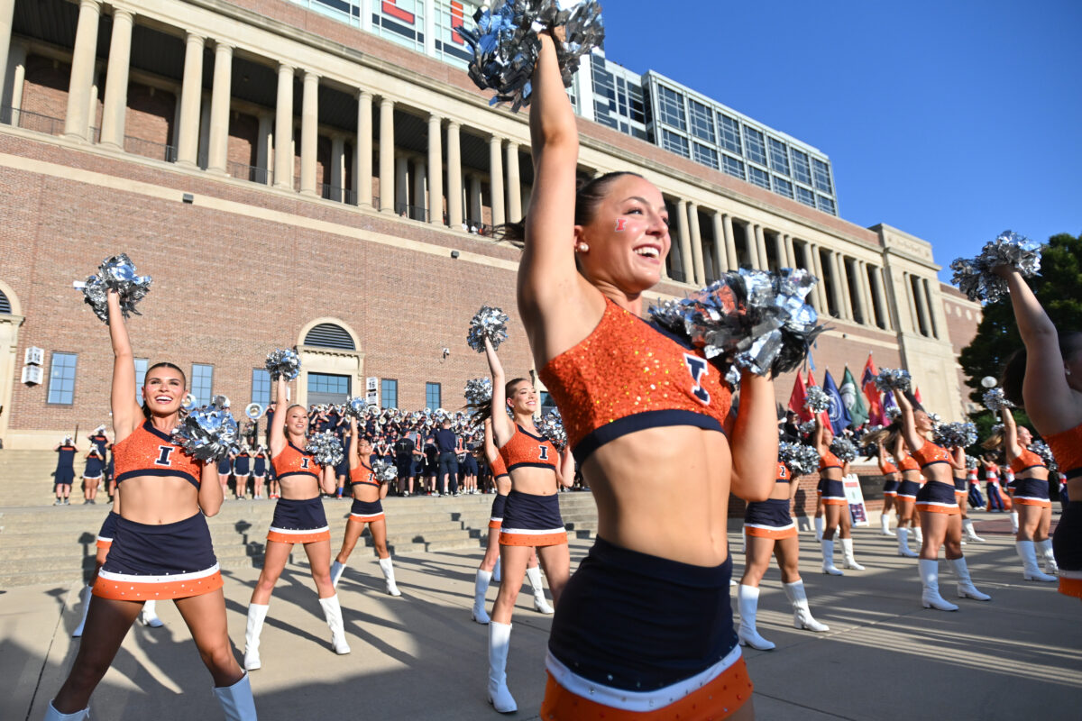 Sep 3, 2026; Champaign, Illinois, USA;  Members of the Illiniettes perform before an NCAA game against UAB at Gies Memorial Stadium.  Mandatory Credit: Ron Johnson-Imagn Images