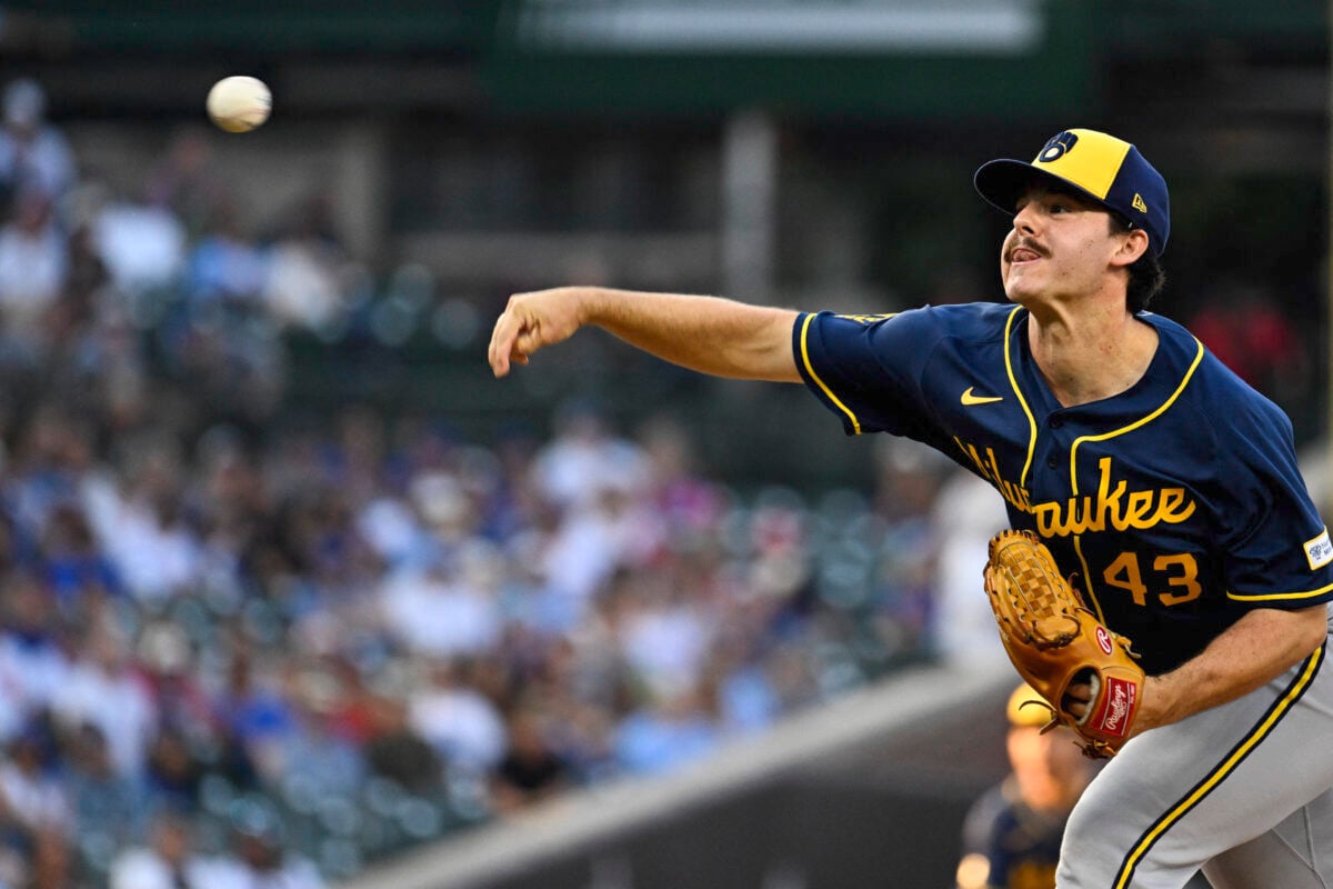 Sep 3, 2026; Chicago, Illinois, USA;  Milwaukee Brewers pitcher Logan Henderson (43) delivers the ball during the first inning against the Chicago Cubs at Wrigley Field.  Mandatory Credit: Matt Marton-Imagn Images