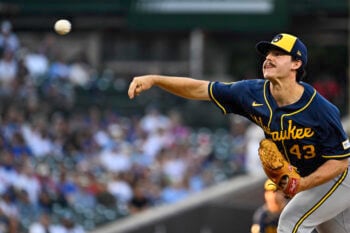 Sep 3, 2026; Chicago, Illinois, USA;  Milwaukee Brewers pitcher Logan Henderson (43) delivers the ball during the first inning against the Chicago Cubs at Wrigley Field.  Mandatory Credit: Matt Marton-Imagn Images