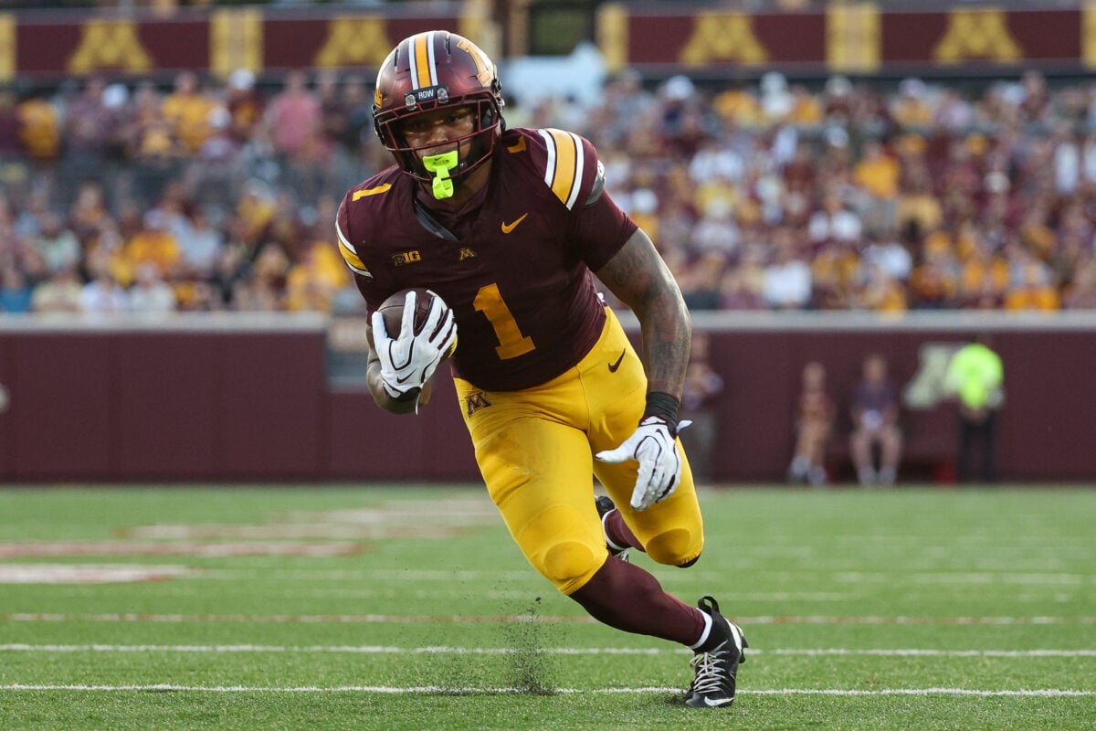 Sep 3, 2026; Minneapolis, Minnesota, USA; Minnesota Golden Gophers running back Darius Taylor (1) runs the ball against the Eastern Illinois Panthers during the first half at Huntington Bank Stadium. Mandatory Credit: Matt Krohn-Imagn Images