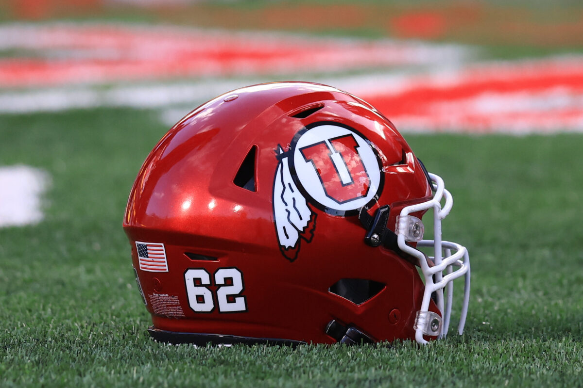 Sep 3, 2026; Salt Lake City, Utah, USA; A Utah Utes helmet sits on the field at Rice-Eccles Stadium before their game against the Idaho Vandals. Mandatory Credit: Rob Gray-Imagn Images