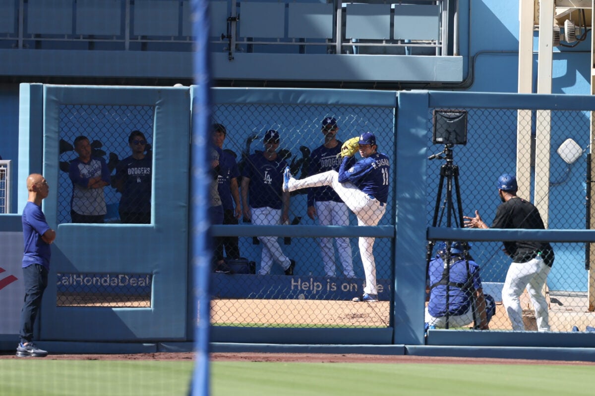 Sep 4, 2026; Los Angeles, California, USA; Los Angeles Dodgers pitcher Roki Sasaki (11) pitches in the bull pen prior to the game against the Washington Nationals at Dodger Stadium. Mandatory Credit: Kiyoshi Mio-Imagn Images