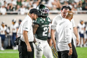 Michigan State’s Nikai Martinez DB Marvis Parrish leaves the field after suffering an injury during the third quarter in the game against Toledo on Friday, Sept. 4, 2026, at Spartan Stadium in East Lansing.