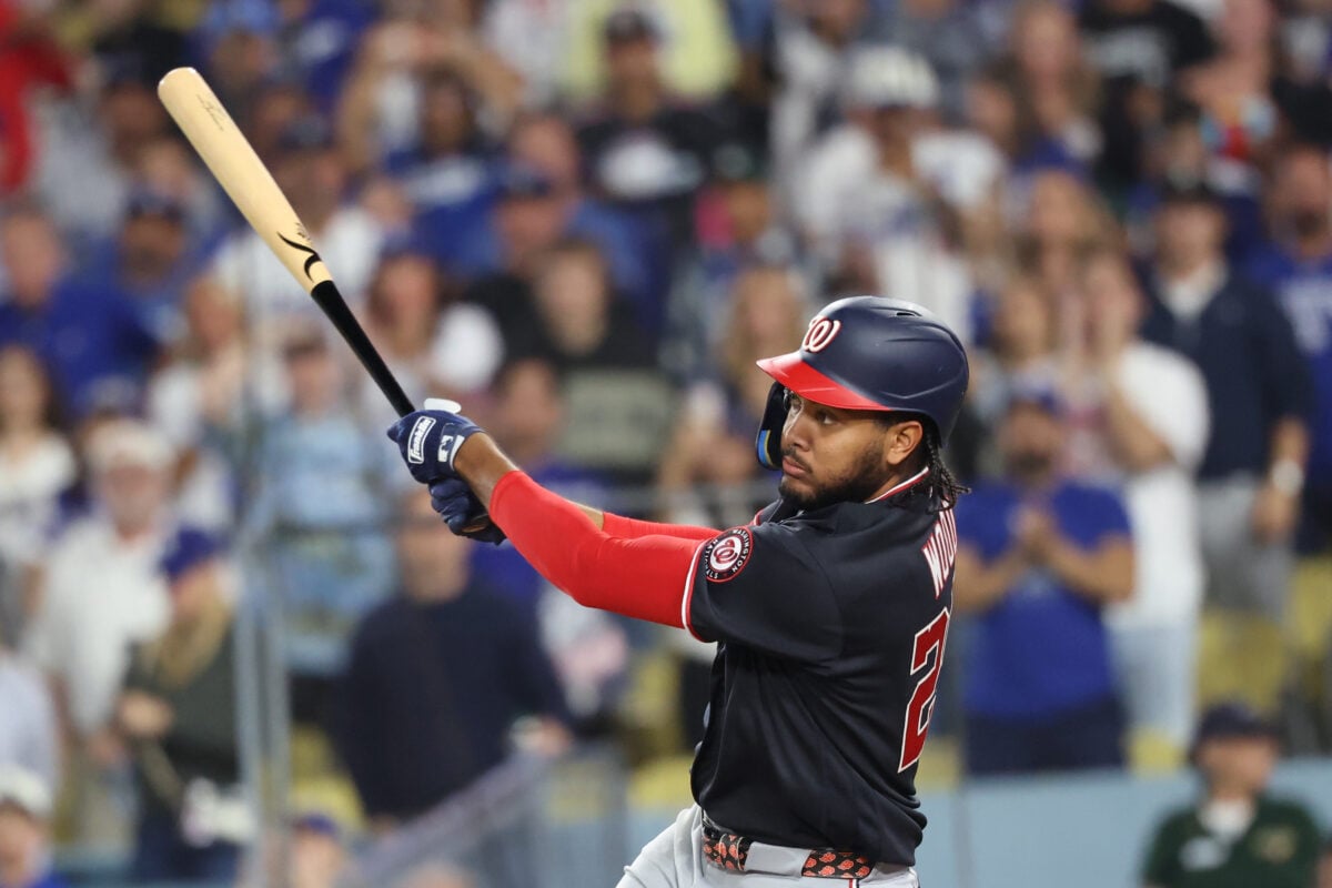 Sep 4, 2026; Los Angeles, California, USA; Washington Nationals outfielder James Wood (29) hits a RBI double during the ninth inning against the Los Angeles Dodgers at UNIQLO Field at Dodger Stadium. Mandatory Credit: Kiyoshi Mio-Imagn Images