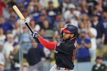 Sep 4, 2026; Los Angeles, California, USA;  Washington Nationals outfielder James Wood (29) hits a RBI double during the ninth inning against the Los Angeles Dodgers at UNIQLO Field at Dodger Stadium.  Mandatory Credit: Kiyoshi Mio-Imagn Images