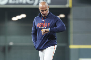 Sep 4, 2026; Houston, Texas, USA; Houston Astros manager Joe Espada looks at his watch before the game against the Arizona Diamondbacks at Daikin Park. Mandatory Credit: Troy Taormina-Imagn Images