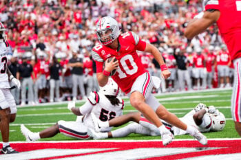 Ohio State Buckeyes quarterback Julian Sayin (10) runs in a touchdown in the first half of the NCAA football game at Ohio Stadium on Sept. 5, 2026 in Columbus, Ohio.