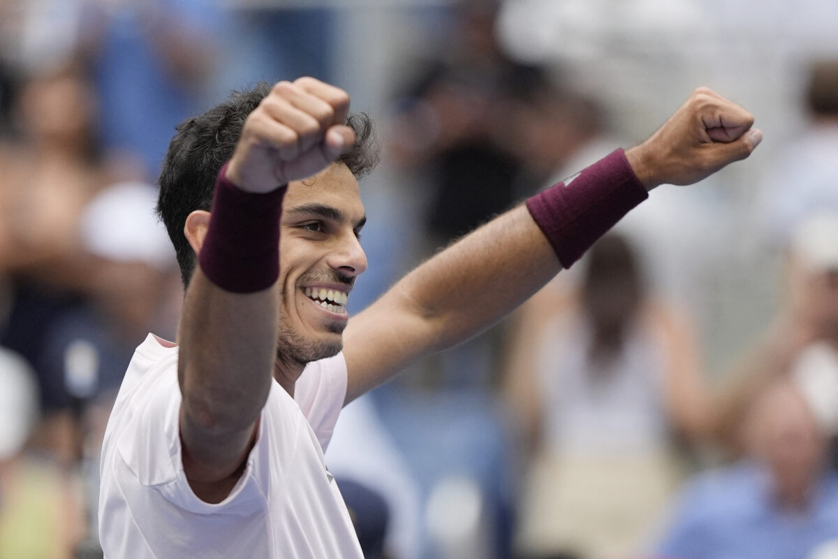 Tennis - U.S. Open - Flushing Meadows, New York, United States - September 5, 2026 Argentina's Francisco Cerundolo celebrates winning his third round match against Taylor Fritz of the U.S. REUTERS/Eduardo Munoz