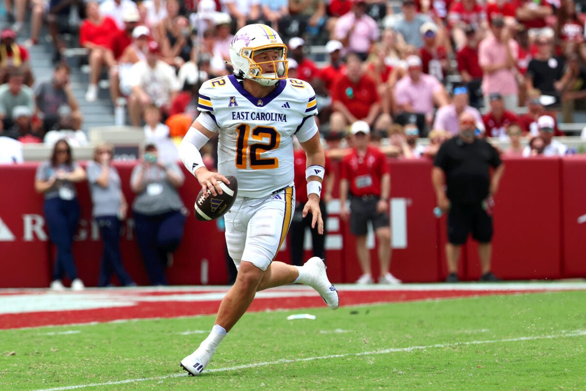 Sep 5, 2026; Tuscaloosa, Alabama, USA;  East Carolina Pirates quarterback Mitch Griffis (12) looks for a receiver during the second half against the Alabama Crimson Tide at Saban Field at Bryant-Denny Stadium.  Mandatory Credit: David Leong-Imagn Images
