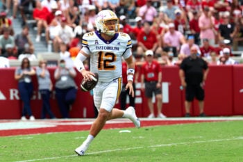 Sep 5, 2026; Tuscaloosa, Alabama, USA;  East Carolina Pirates quarterback Mitch Griffis (12) looks for a receiver during the second half against the Alabama Crimson Tide at Saban Field at Bryant-Denny Stadium.  Mandatory Credit: David Leong-Imagn Images