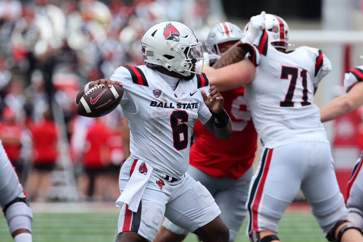 Sep 5, 2026; Columbus, Ohio, USA;  Ball State Cardinals quarterback Keldric Luster (6) drops back to throw during the third quarter against the Ohio State Buckeyes at Ohio Stadium.  Mandatory Credit: Joseph Maiorana-Imagn Images