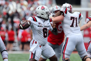 Sep 5, 2026; Columbus, Ohio, USA;  Ball State Cardinals quarterback Keldric Luster (6) drops back to throw during the third quarter against the Ohio State Buckeyes at Ohio Stadium.  Mandatory Credit: Joseph Maiorana-Imagn Images
