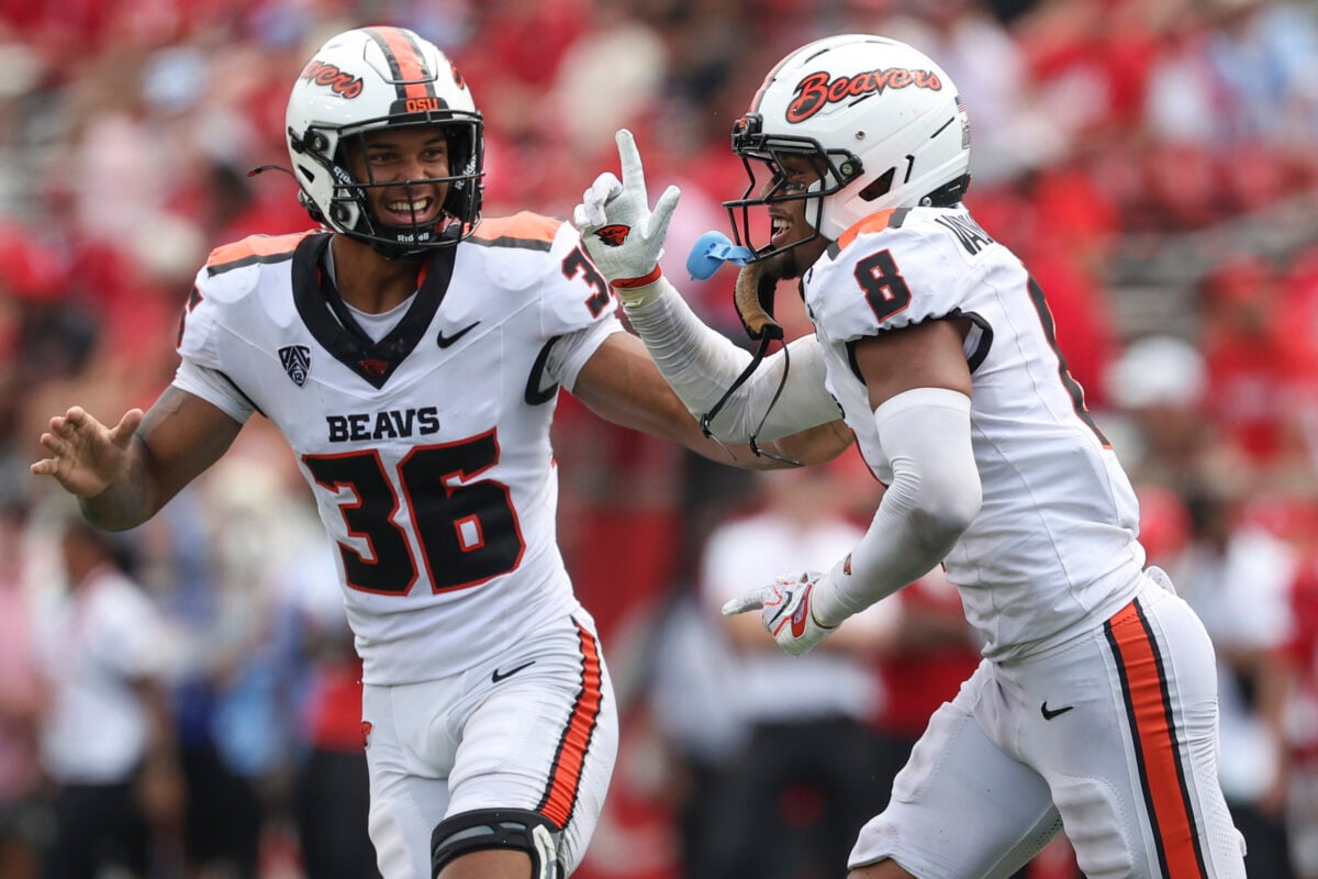 Sep 5, 2026; Houston, Texas, USA; Oregon State Beavers defensive back Sailasa Vadrawale III (8) celebrates after making an interception during the fourth quarter against the Houston Cougars at TDECU Stadium. Mandatory Credit: Troy Taormina-Imagn Images
