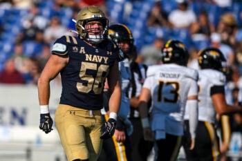 Sep 5, 2026; Annapolis, Maryland, USA;  Navy Midshipmen linebacker Coleman Cauley (58) reacts after sacking Towson Tigers quarterback Andrew Indorf (13) to end the first half at Navy-Marine Corps Memorial Stadium. Mandatory Credit: Tommy Gilligan-Imagn Images