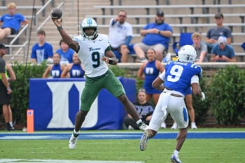 Sep 5, 2026; Durham, North Carolina, USA;  Tulane Green Wave quarter back Zeon Chriss-Gremillion (9) throws the ball during the second quarter against the Duke Blue Devils at Wallace Wade Stadium.  Mandatory Credit: Zachary Taft-Imagn Images