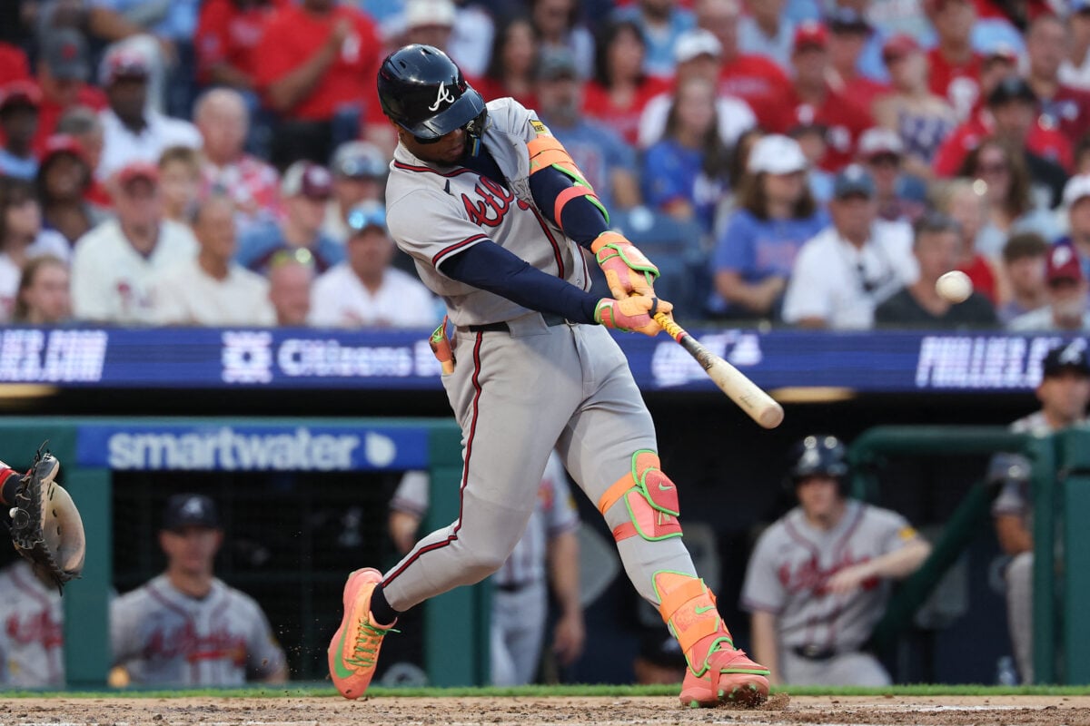 Sep 5, 2026; Philadelphia, Pennsylvania, USA; Atlanta Braves right fielder Ronald Acuna Jr. (13) hits a home run against the Philadelphia Phillies during the third inning at Citizens Bank Park. Mandatory Credit: Bill Streicher-Imagn Images