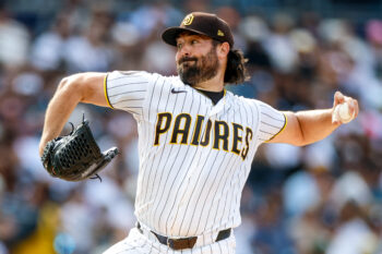 Sep 5, 2026; San Diego, California, USA;  San Diego Padres starting pitcher Robbie Ray (38) throws a pitch during the first inning against the New York Yankees at Petco Park.  Mandatory Credit: David Frerker-Imagn Images