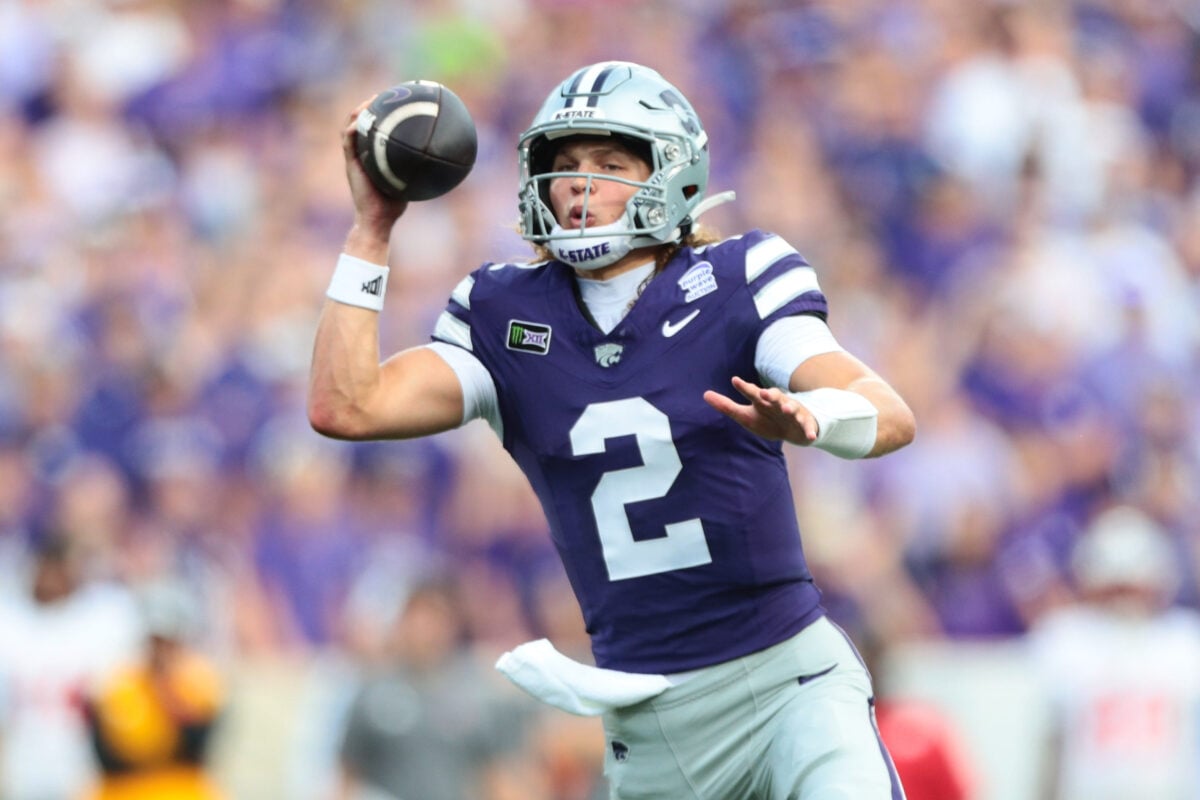Kansas State Wildcats quarterback Avery Johnson (2) looks for an open pass during the game against Nicholls Colonels inside Bill Snyder Family Stadium on Sept. 5, 2026.