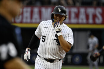 Sep 5, 2026; Chicago, Illinois, USA;  Chicago White Sox first baseman Munetaka Murakami (5) gestures after he hits a two run home run during the first inning against the Minnesota Twins at Rate Field.  Mandatory Credit: Matt Marton-Imagn Images