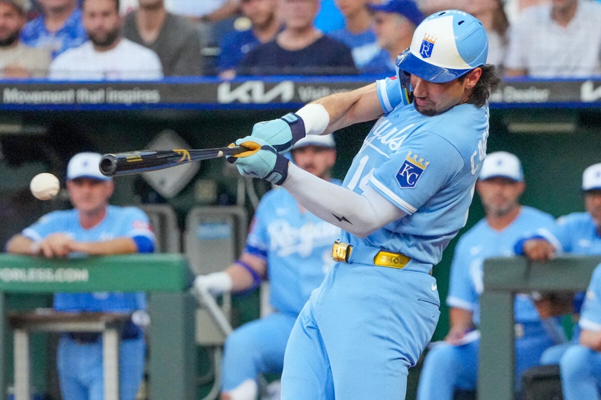 Sep 5, 2026; Kansas City, Missouri, USA; Kansas City Royals right fielder Jac Caglianone (14) hits a one run single against the Toronto Blue Jays during the first inning at Kauffman Stadium. Mandatory Credit: Denny Medley-Imagn Images