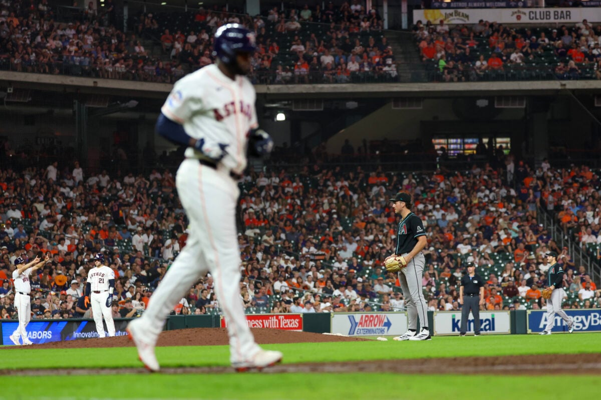 Sep 5, 2026; Houston, Texas, USA;  Houston Astros designated hitter Yordan Alvarez (44) is intentional walked by Arizona Diamondbacks starting pitcher Brandon Pfaadt (32) to load the bases in the third inning at Daikin Park.  Mandatory Credit: Thomas Shea-Imagn Images