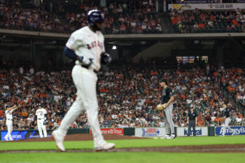 Sep 5, 2026; Houston, Texas, USA;  Houston Astros designated hitter Yordan Alvarez (44) is intentional walked by Arizona Diamondbacks starting pitcher Brandon Pfaadt (32) to load the bases in the third inning at Daikin Park.  Mandatory Credit: Thomas Shea-Imagn Images