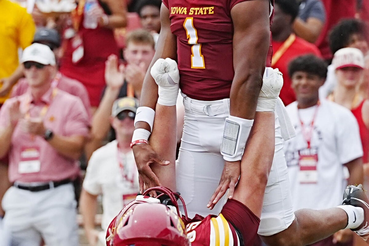 Iowa State quarterback Jaylen Raynor (1) celebrates with team mates after score a touchdown during the first quarter in the week one NCAA football at Jack Trice Stadium on Sept. 5, 2026, in Ames, Iowa.