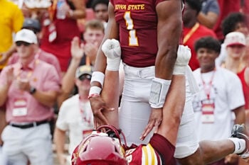 Iowa State quarterback Jaylen Raynor (1) celebrates with team mates after score a touchdown during the first quarter in the week one NCAA football at Jack Trice Stadium on Sept. 5, 2026, in Ames, Iowa.