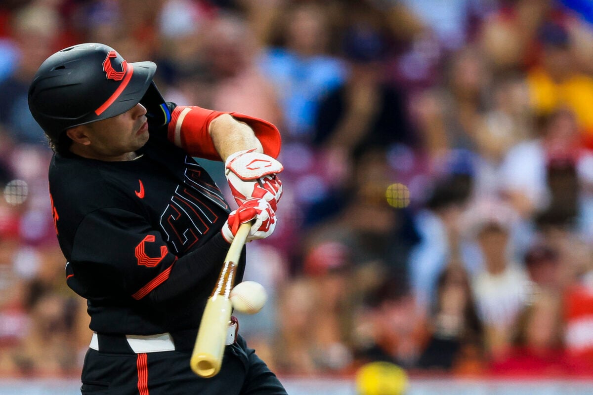 Sep 4, 2026; Cincinnati, Ohio, USA; Cincinnati Reds first baseman Sal Stewart (27) bats against the Milwaukee Brewers in the third inning at Great American Ball Park. Mandatory Credit: Katie Stratman-Imagn Images