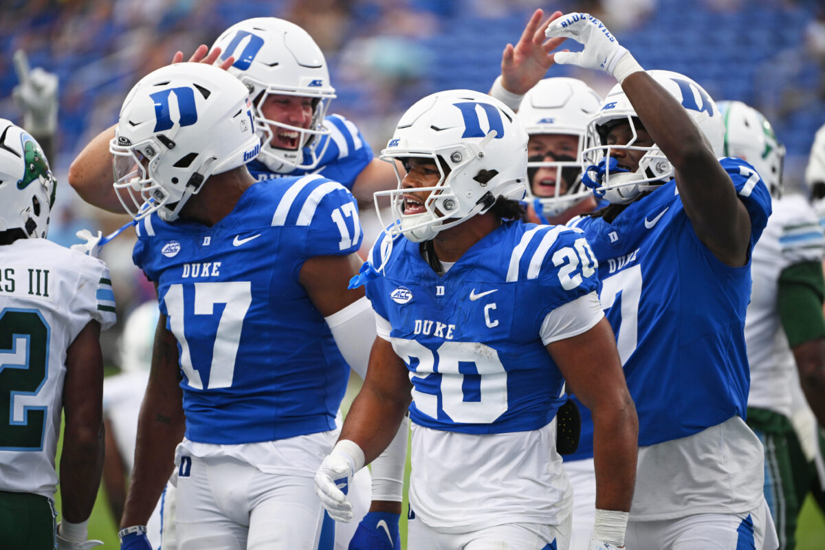 Sep 5, 2026; Durham, North Carolina, USA;  Duke Blue Devils running back Nate Sheppard (20) reacts after scoring against the Tulane Green Wave during the first quarter at Wallace Wade Stadium.  Mandatory Credit: Zachary Taft-Imagn Images